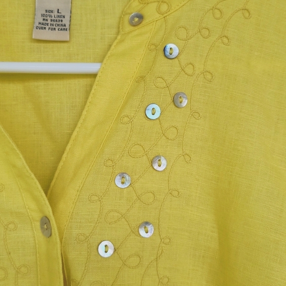 E-col-o-gie Yellow Embroidered 100% Linen Button Front Long Sleeve Shirt Women L - Picture 5 of 9